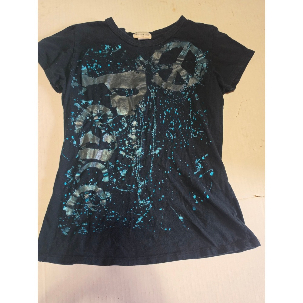Vtg Y2K California Girlz Black Peace Sign Metallic Splatter Graphic Tee USA S